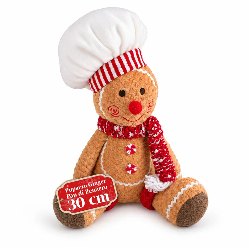 Pupazzo Ginger Pan di Zenzero in Peluche 30 e 40 cm – Decorazione Natalizia con Cappello da Chef o Berretto Natalizio