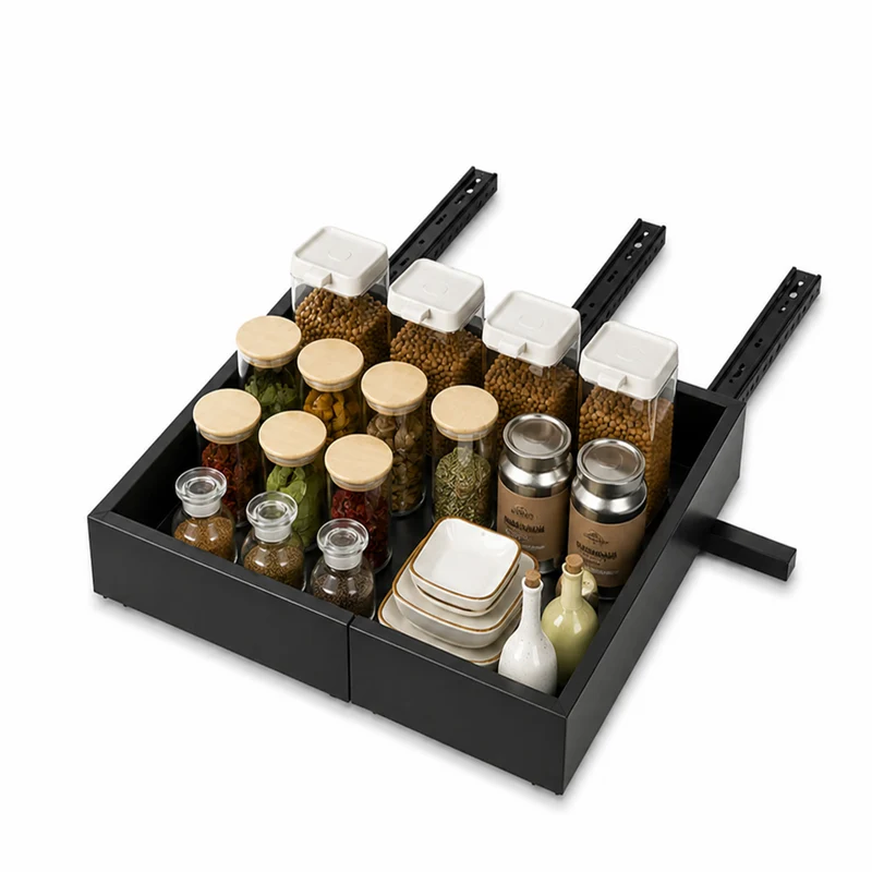 Ripiano Estraibile ed Espandibile Nero 32/52 cm in Metallo - Organizzatore Scorrevole per Mobili e Dispensa