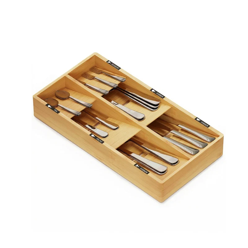 Organizer Portaposate in Bambù con 6 Scomparti ed Etichette – per Cassetti Cucina 20x39 cm – in Legno Naturale