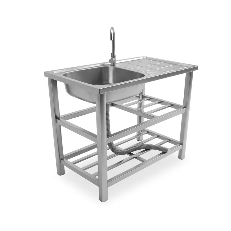 Lavello Multifunzione in Acciaio Inox con Fontana - Lavandino con Vasca, Gocciolatoio e Doppia Mensola - Reversibile Dx/Sx - 75x40x80 cm