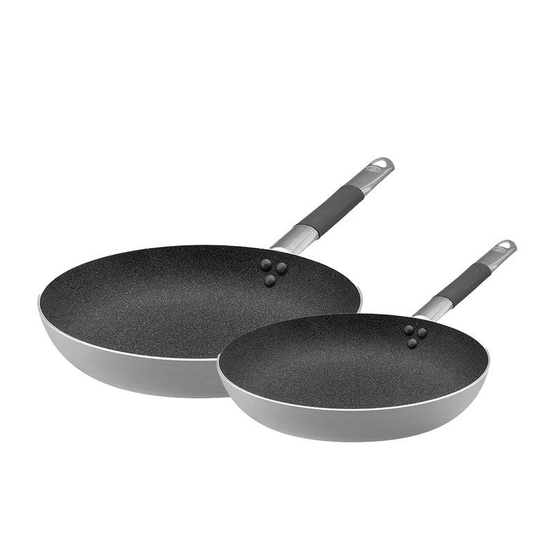 24-28 cm - Sharkskin Set Padelle Basse Svasate In Alluminio Antiaderenti Con Manici In Acciaio Inox Cool - Set 2 Pz
