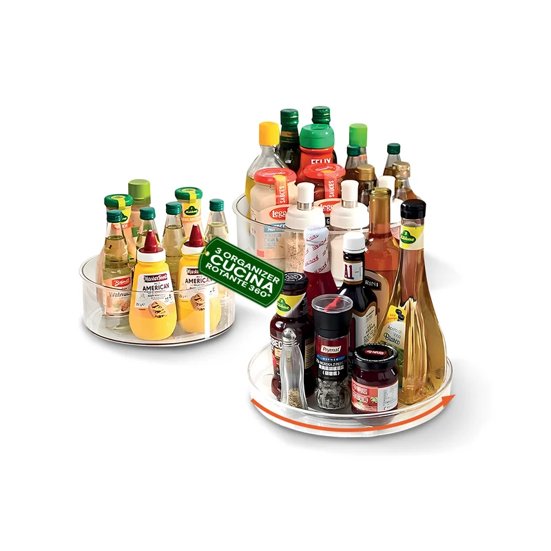 Set 3 Organizer Girevoli in PET – Contenitori Rotanti 360° per Cucina e Dispensa