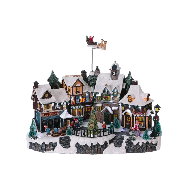 Villaggio di Natale Animato Helsinki con Luci LED e Musica Natalizia, Casette Innevate in Poliresina, Decorazione Invernale 22,5x32,5x21,5 cm