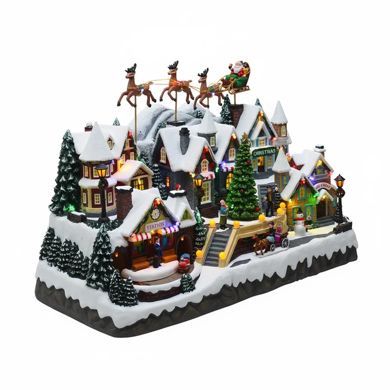 Villaggio di Natale Luminoso con Musica e Luci LED, Slitta con Renne, Trenino e Albero Rotante, Decorazione Natalizia Animata 55x32,5x37 cm