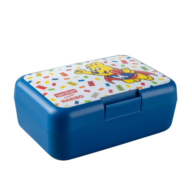 Scatola per merenda lunchbox in plastica blu con decoro, chiusura a clip