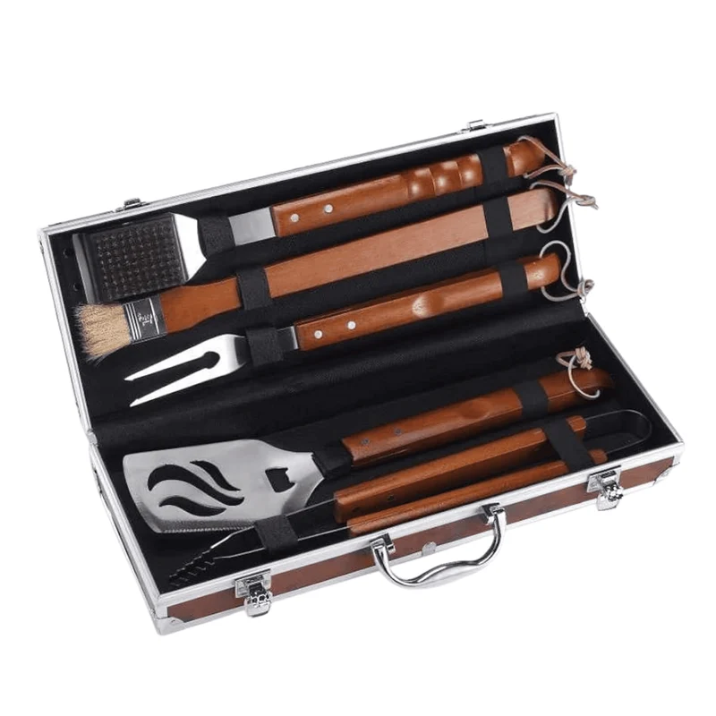 Set Per Barbecue Ompagrill | Acciaio Inox | Manico In Legno Massello | Valigetta In Radica