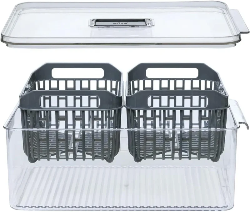 Contenitore Doppio per Frigorifero in Plastica Grigia 32,5x12x22,5 cm
