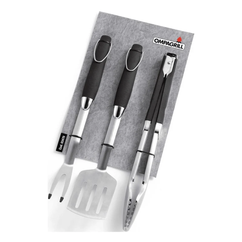 Set Per Barbecue Ompagrill | Pinza Paletta Forchettone | Acciaio Inox Alimentare 45 Cm | Manico Antiscivolo
