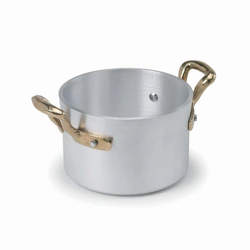 10 cm - 1932 Servizio In Tavola Casseruolina Alta Monoporzione In Alluminio Con Manici In Ottone
