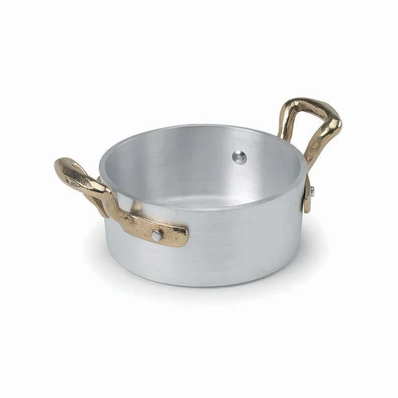 10 cm - 1932 Servizio In Tavola Casseruolina Bassa Monoporzione In Alluminio Con Manici In Ottone