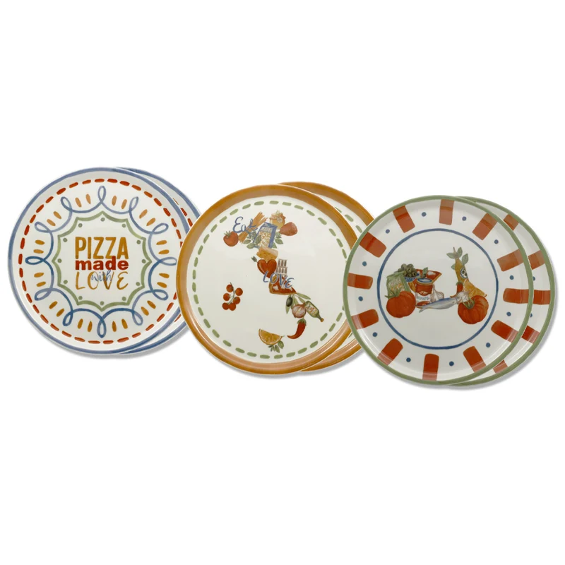 31 cm - Pizza Handmade Piatto Pizza 3 Decori In Porcellana Set 6 Pz