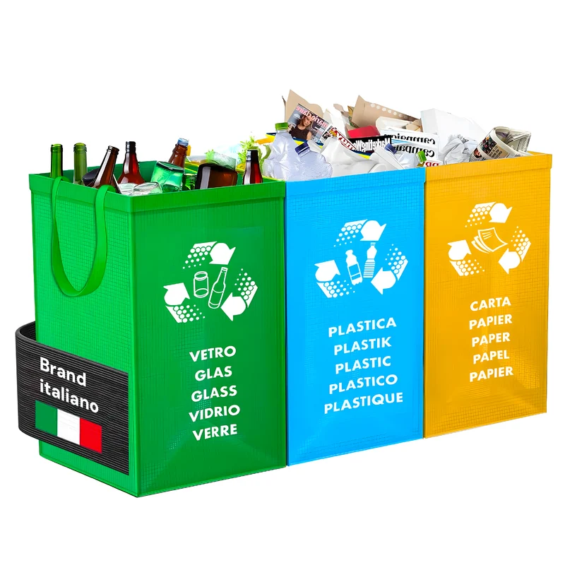 Set Borse Raccolta Differenziata in Plastica Lavabile per Vetro, Carta e Plastica
