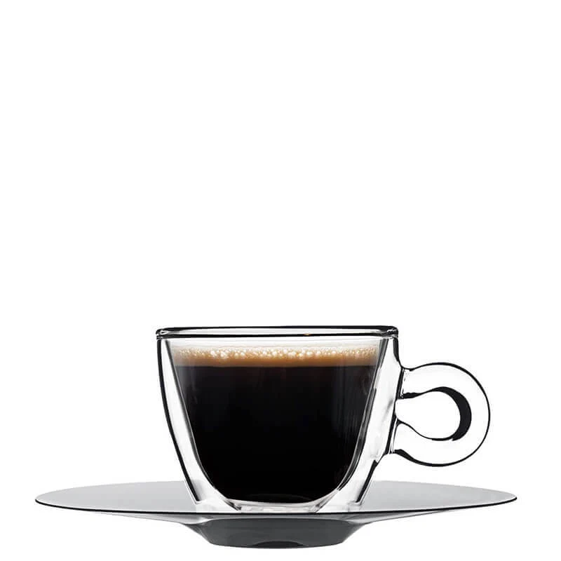 6.5 cl - Thermic Glass Tazza Caffé Espresso In Vetro Termico Con Piattino In Acciaio Inonx - Set 2 Pz