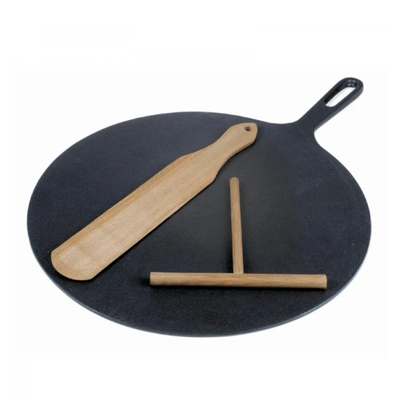 32 cm - Crepiera Rotonda In Ghisa Con Spatola E Stendi Pasta in Legno