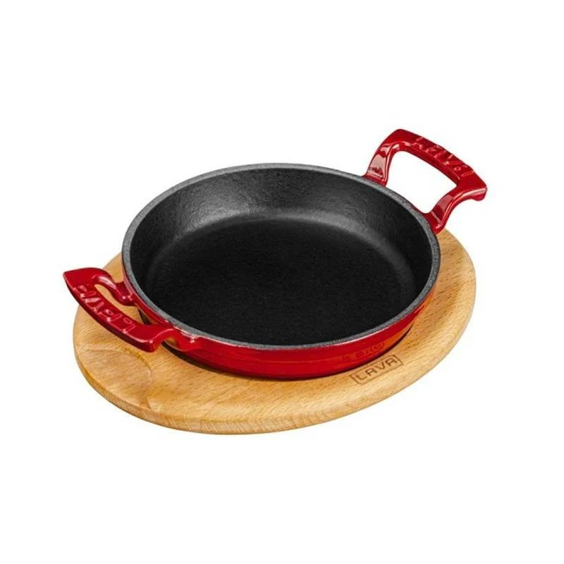 16 cm - Tegame Rotonda In Ghisa Smaltata Con Supporto In Legno