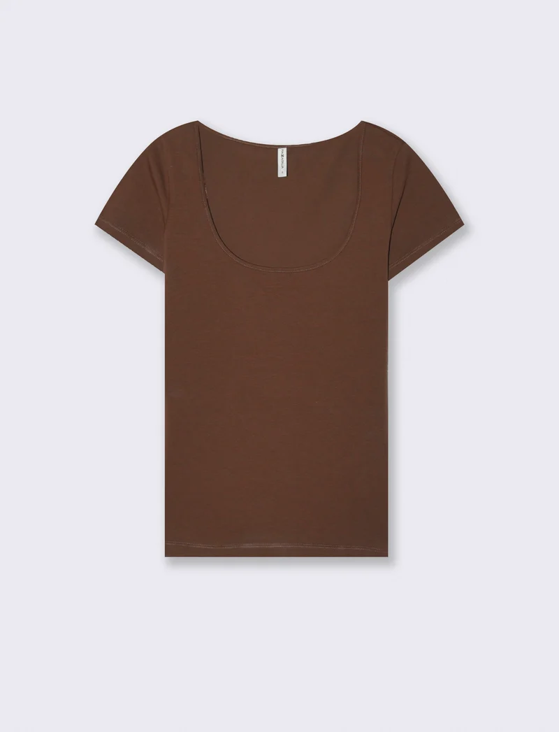 T-Shirt Basic con Scollo Quadrato - Marrone cioccolato