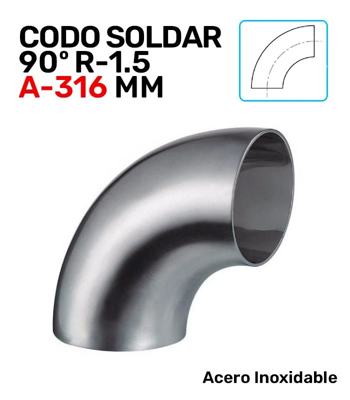 Codo de Acero Inoxidable A-316 90º Soldar R-1.5 de Serie Milimétrica