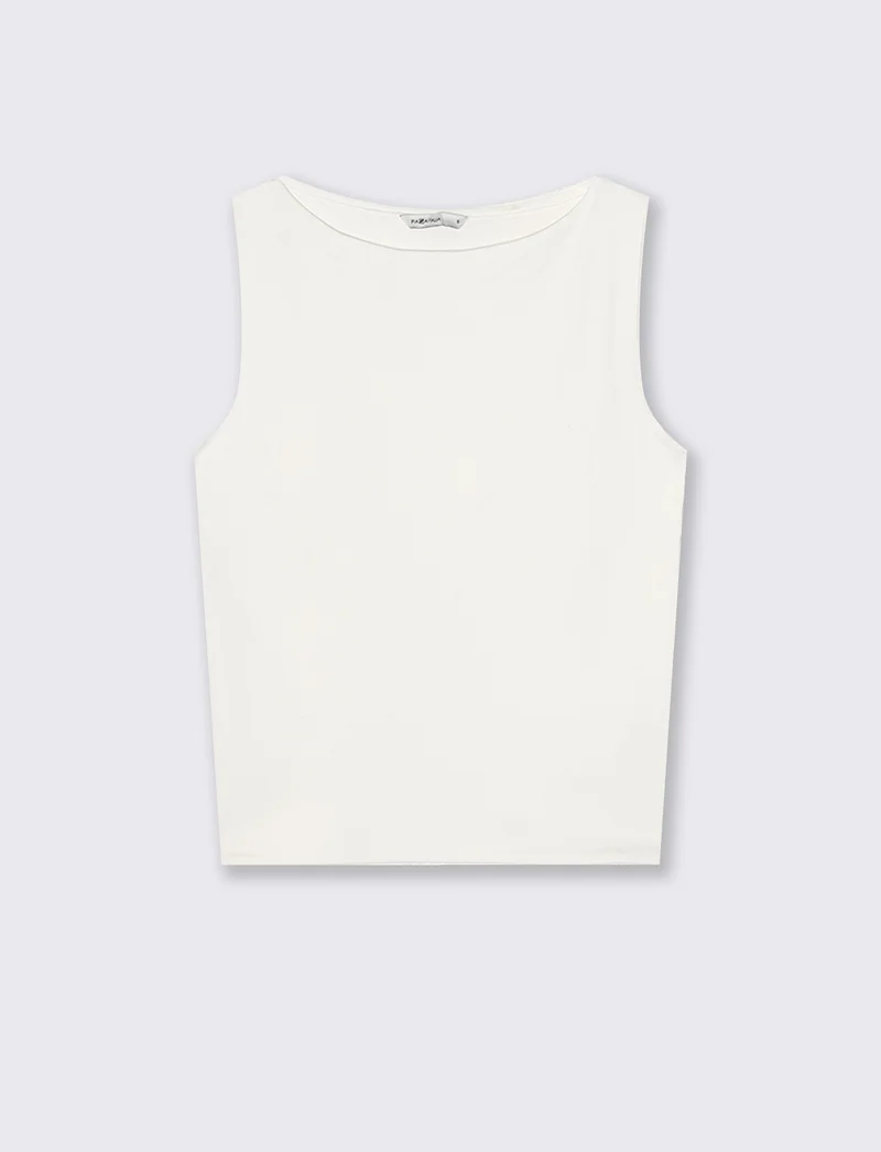 Top smanicato in cotone con scollo barca - Avorio