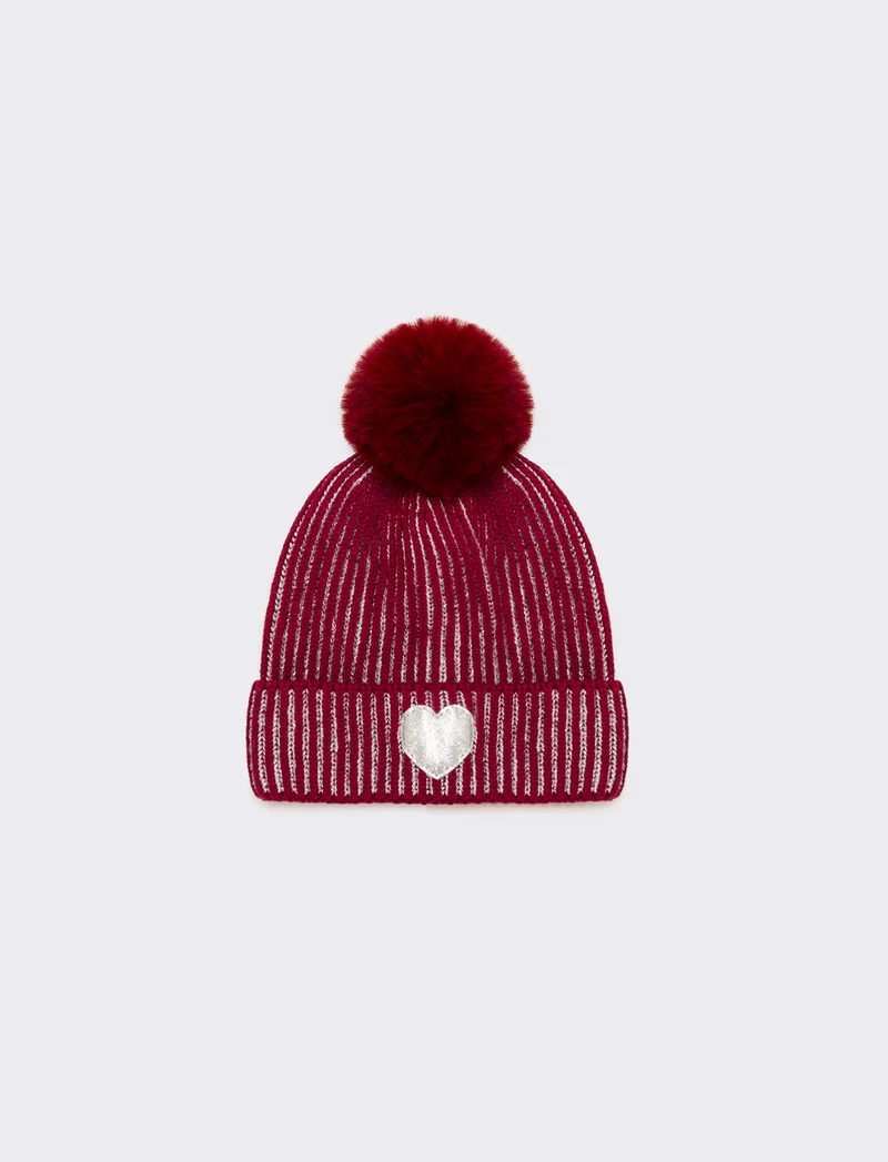 Cappello con pon pon a cuore glitter - Bordeaux