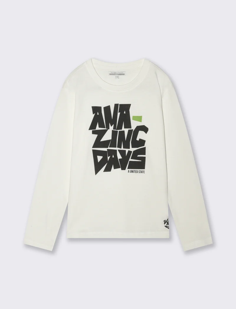 T-shirt maniche lunghe con stampa colori - Bianco latte