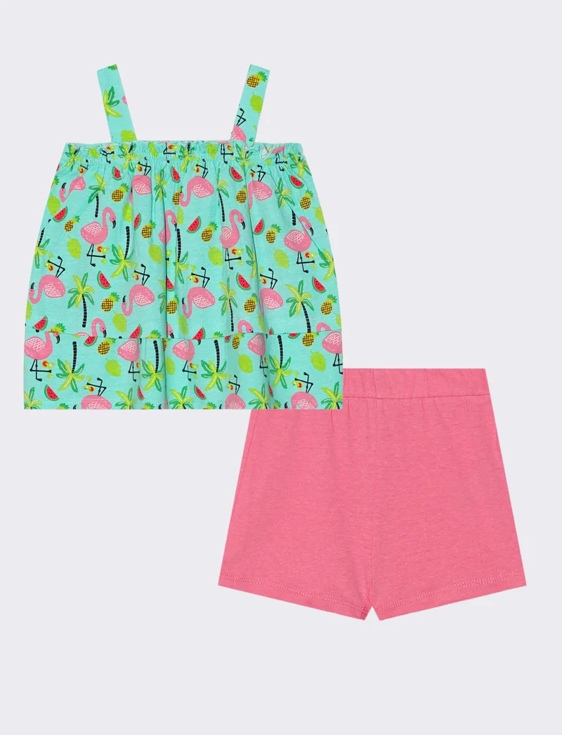 Completo top e shorts in fantasia e tinta unita - Verde
