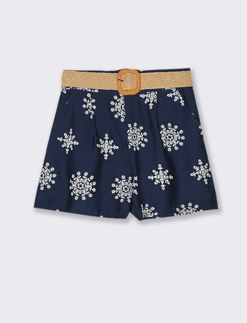 Short stampato con cintura - Blu