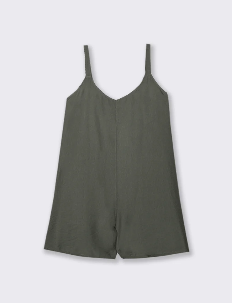 Tuta corta in viscosa effetto lino - Verde militare