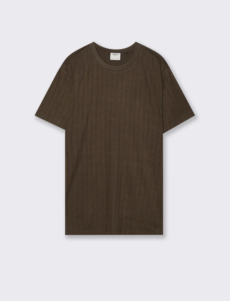 T-shirt a coste effetto maglia girocollo - Moro