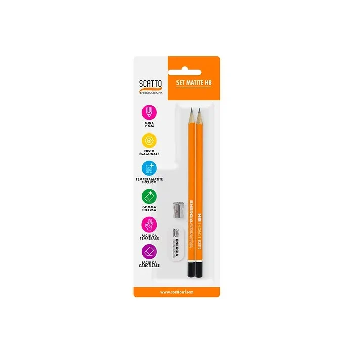 Set 2 matite HB con gomma e temperamatite